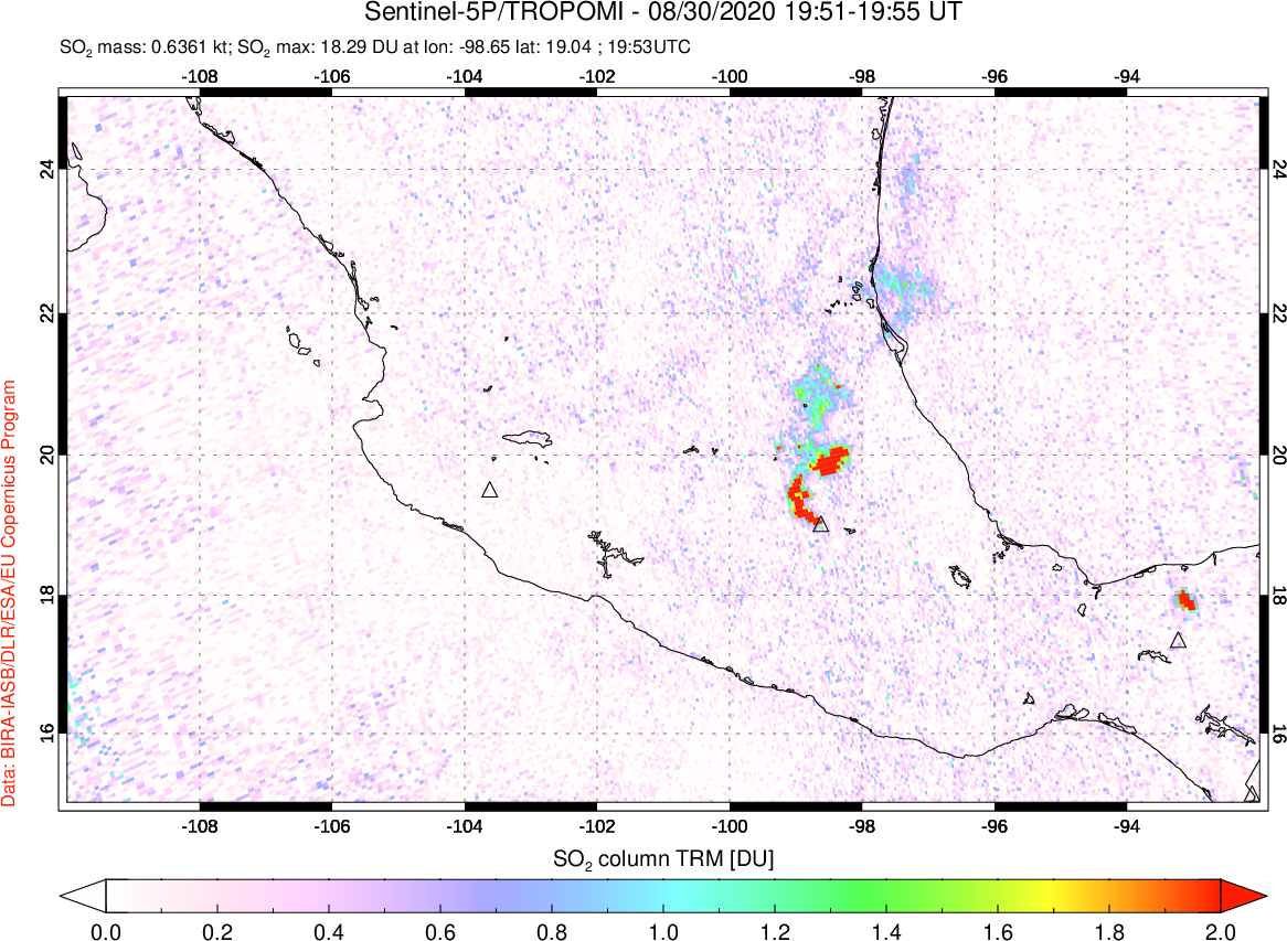 A sulfur dioxide image over Mexico on Aug 30, 2020.