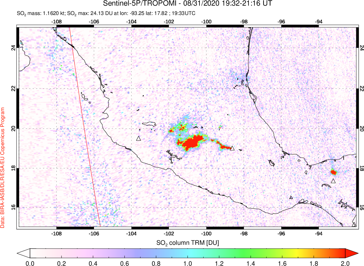 A sulfur dioxide image over Mexico on Aug 31, 2020.