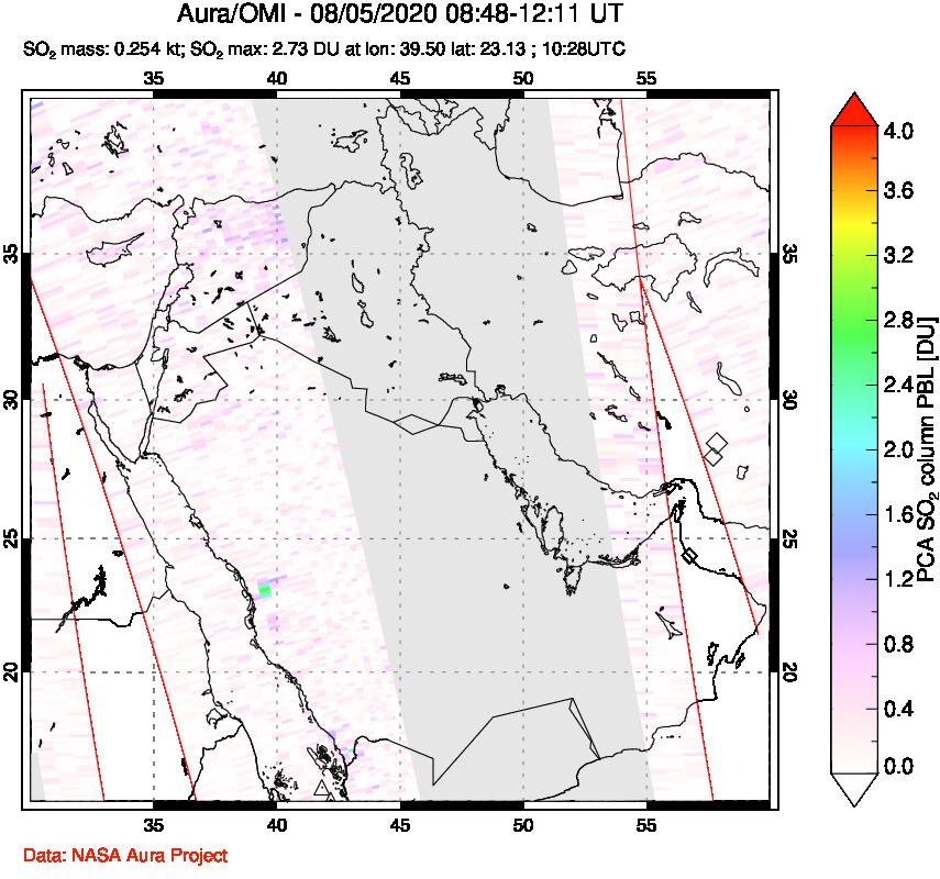 A sulfur dioxide image over Middle East on Aug 05, 2020.