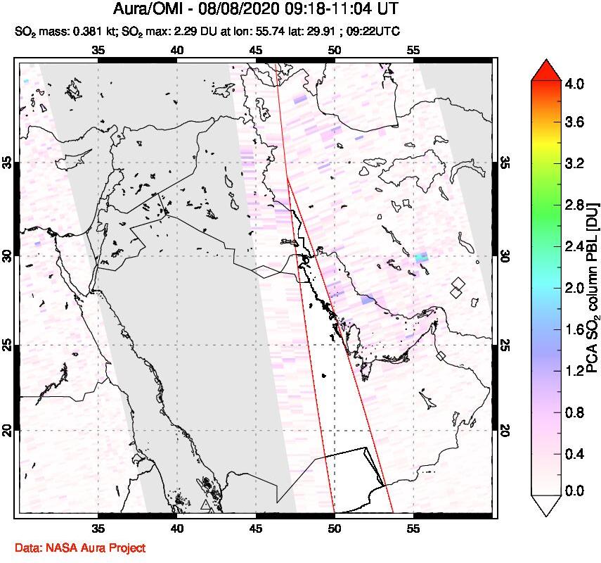 A sulfur dioxide image over Middle East on Aug 08, 2020.