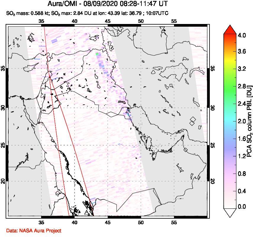 A sulfur dioxide image over Middle East on Aug 09, 2020.