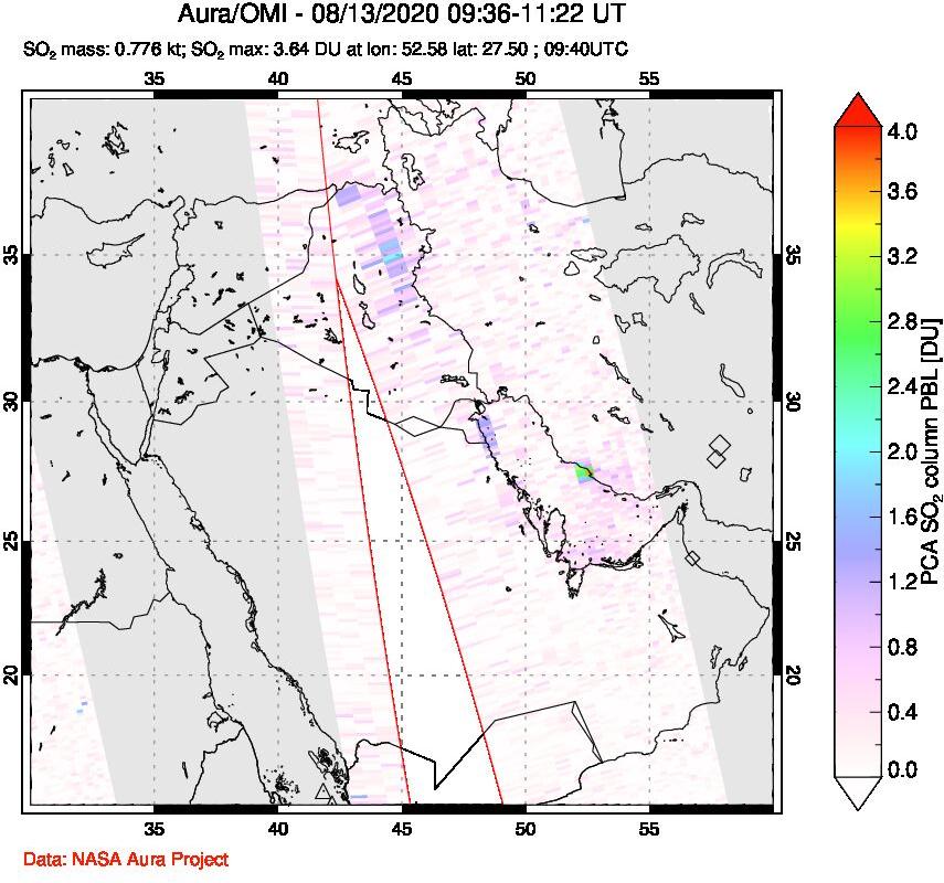 A sulfur dioxide image over Middle East on Aug 13, 2020.