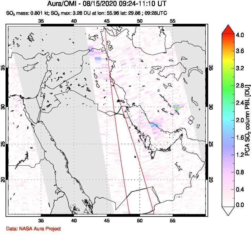 A sulfur dioxide image over Middle East on Aug 15, 2020.