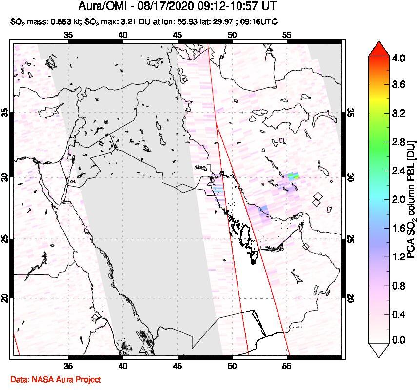A sulfur dioxide image over Middle East on Aug 17, 2020.