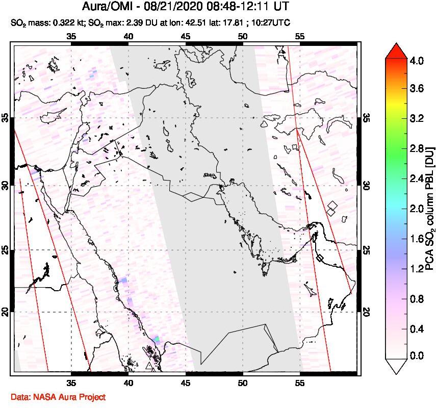 A sulfur dioxide image over Middle East on Aug 21, 2020.