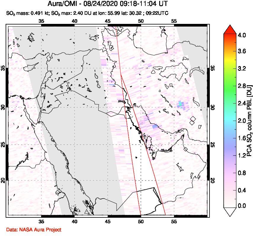 A sulfur dioxide image over Middle East on Aug 24, 2020.