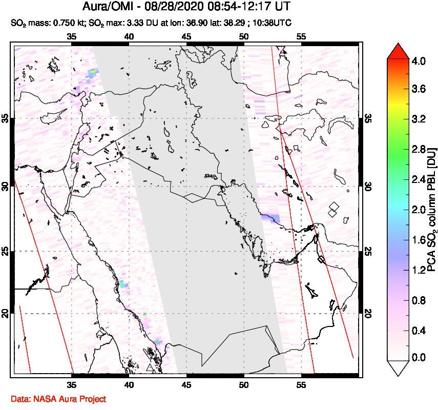 A sulfur dioxide image over Middle East on Aug 28, 2020.