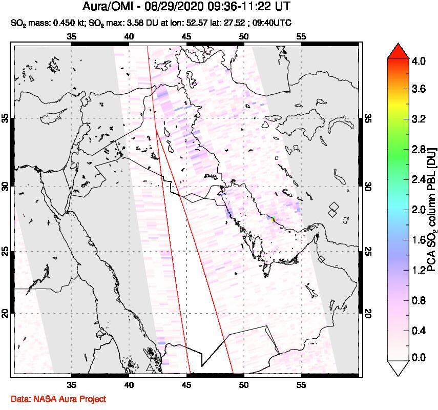 A sulfur dioxide image over Middle East on Aug 29, 2020.