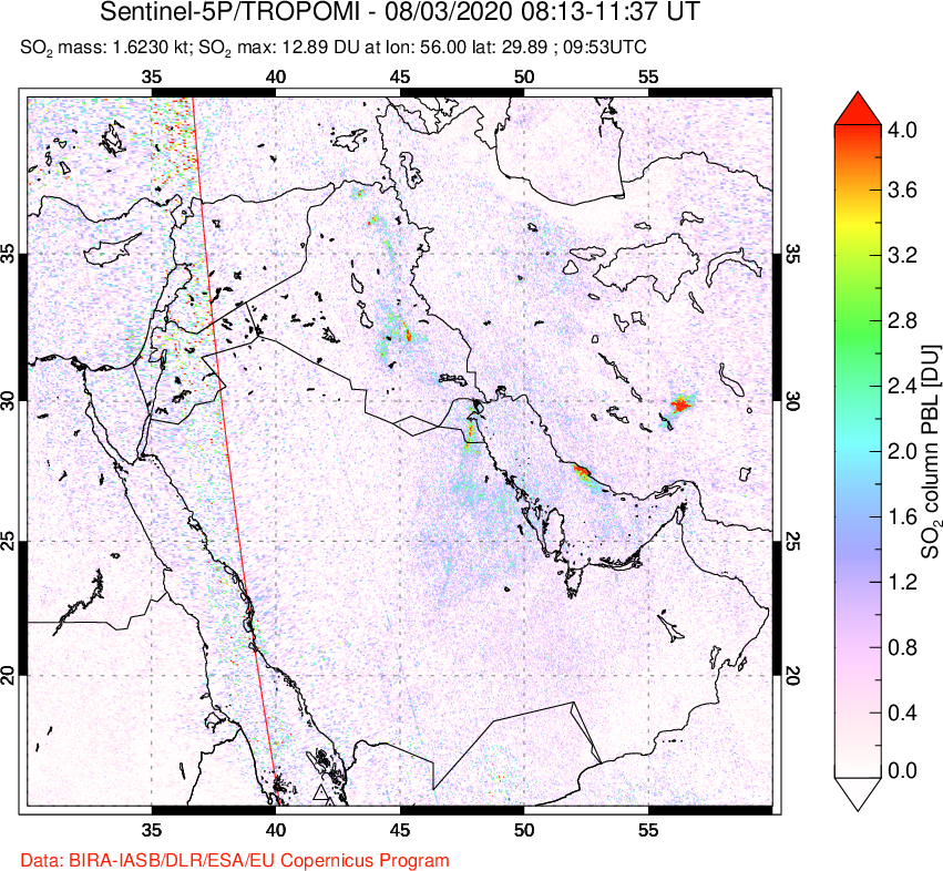 A sulfur dioxide image over Middle East on Aug 03, 2020.