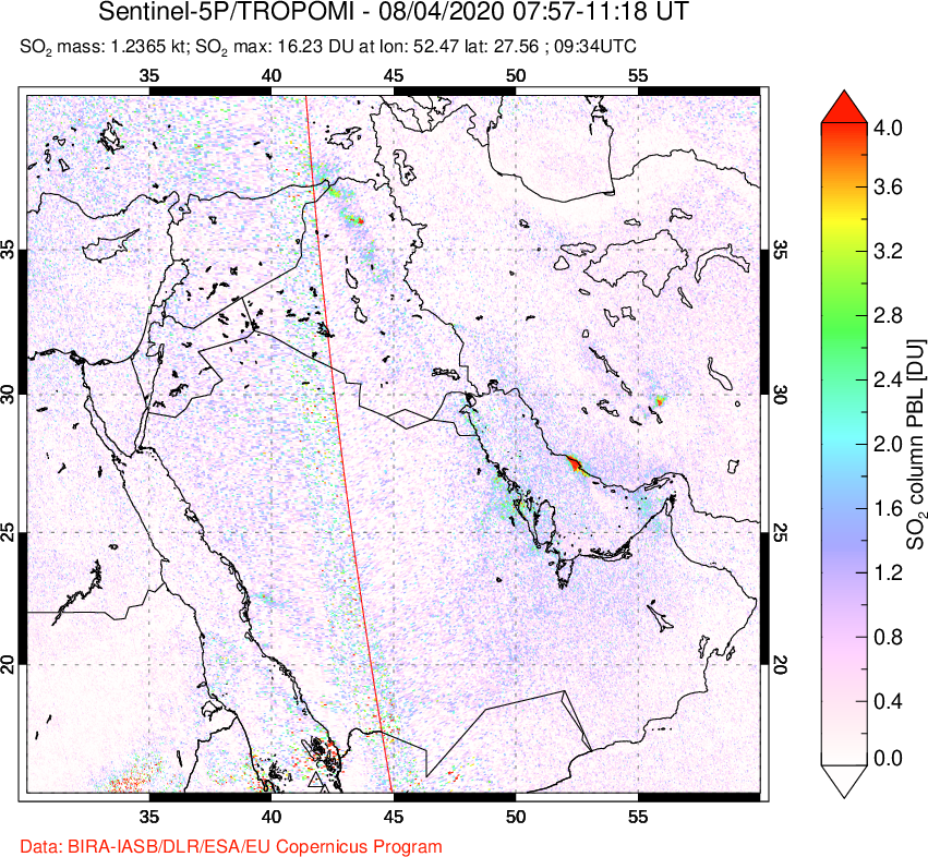 A sulfur dioxide image over Middle East on Aug 04, 2020.