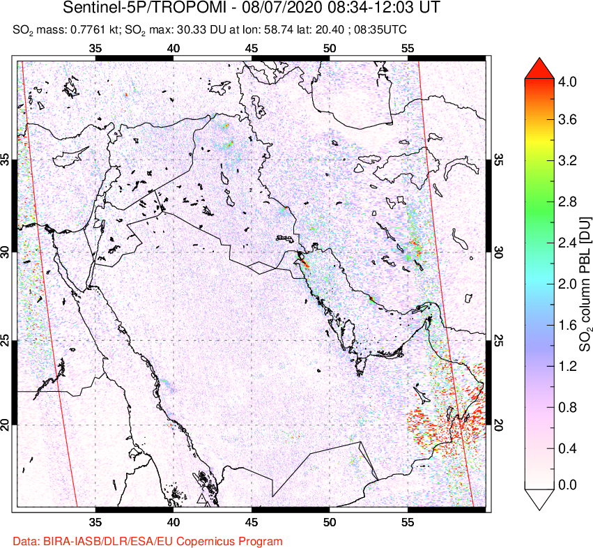 A sulfur dioxide image over Middle East on Aug 07, 2020.