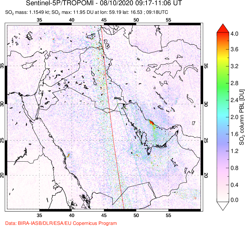 A sulfur dioxide image over Middle East on Aug 10, 2020.