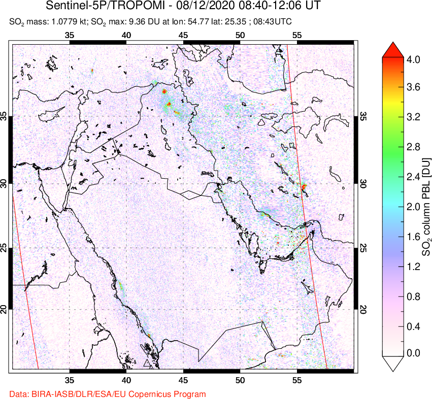 A sulfur dioxide image over Middle East on Aug 12, 2020.