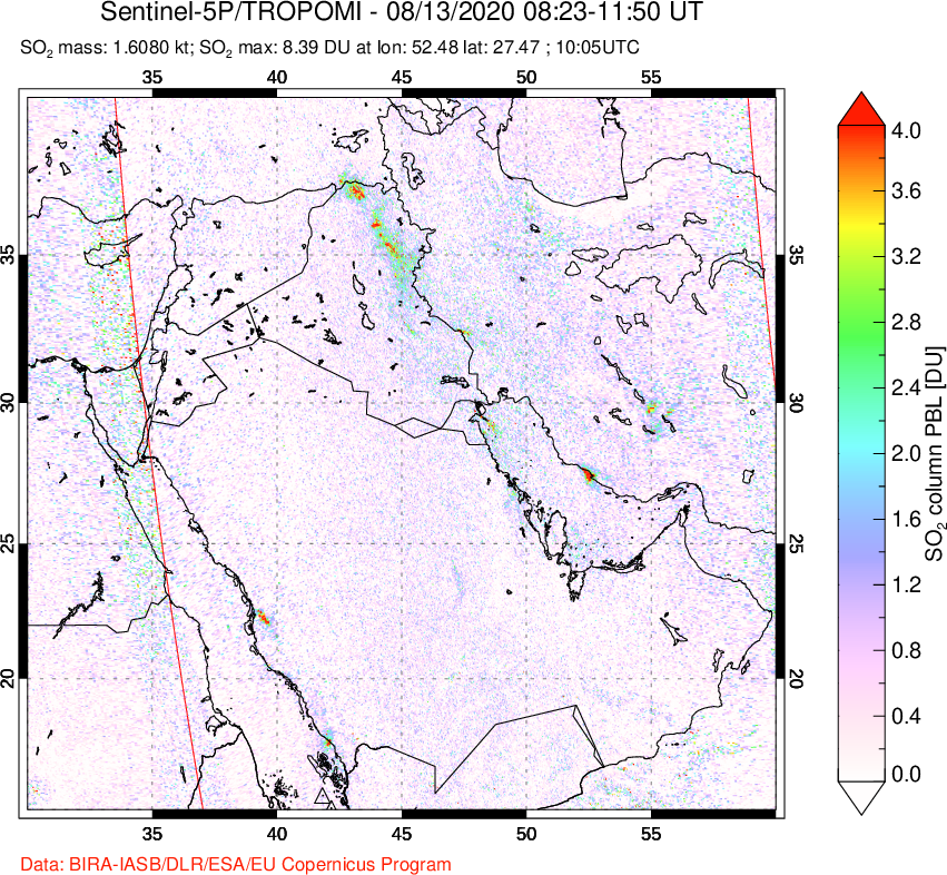 A sulfur dioxide image over Middle East on Aug 13, 2020.