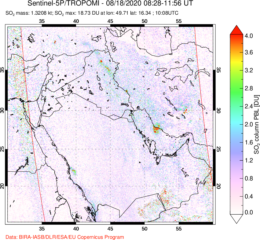 A sulfur dioxide image over Middle East on Aug 18, 2020.