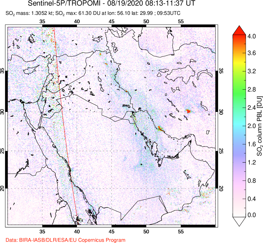 A sulfur dioxide image over Middle East on Aug 19, 2020.