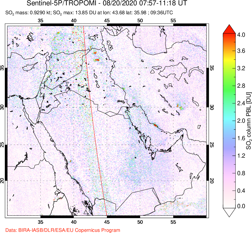 A sulfur dioxide image over Middle East on Aug 20, 2020.