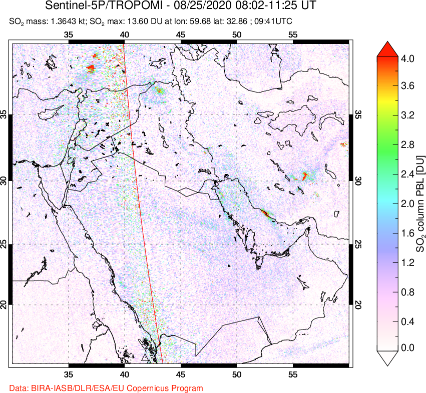 A sulfur dioxide image over Middle East on Aug 25, 2020.