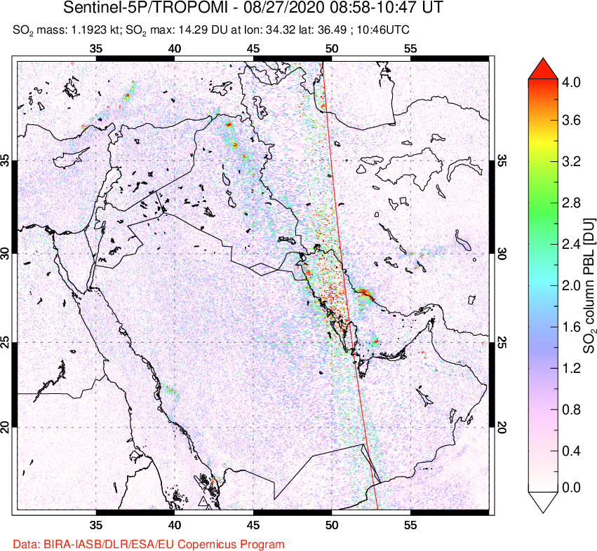 A sulfur dioxide image over Middle East on Aug 27, 2020.
