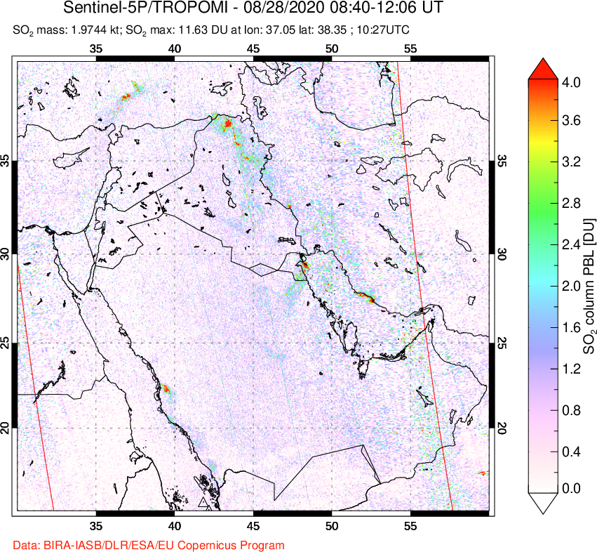 A sulfur dioxide image over Middle East on Aug 28, 2020.