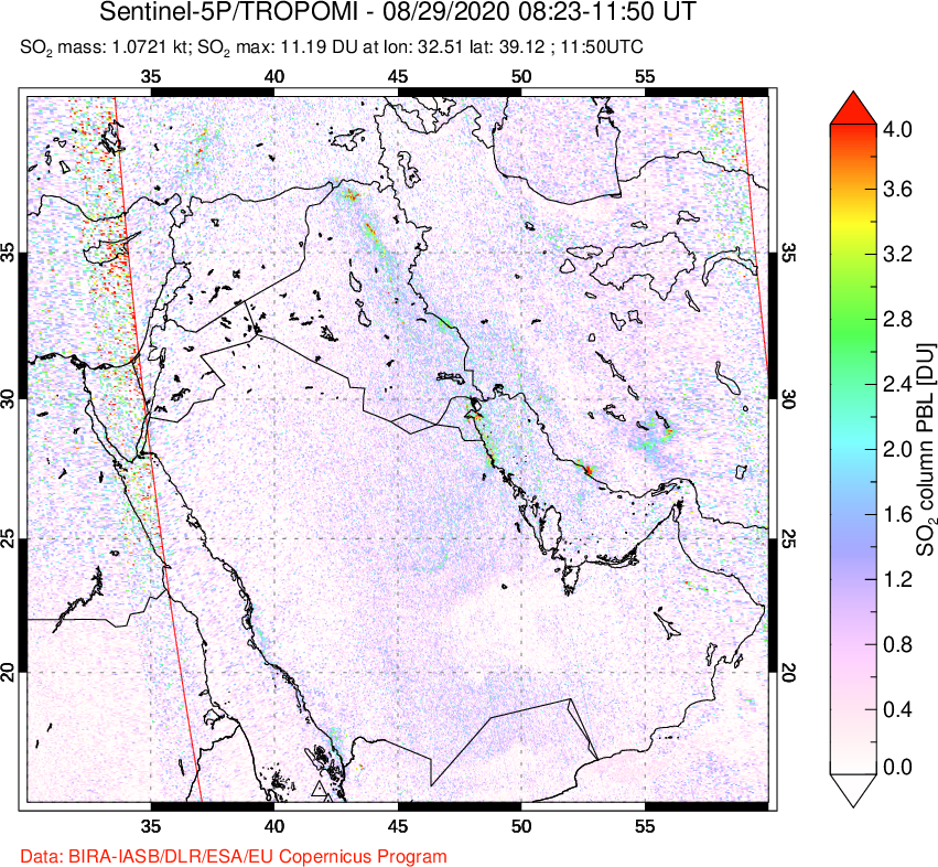 A sulfur dioxide image over Middle East on Aug 29, 2020.