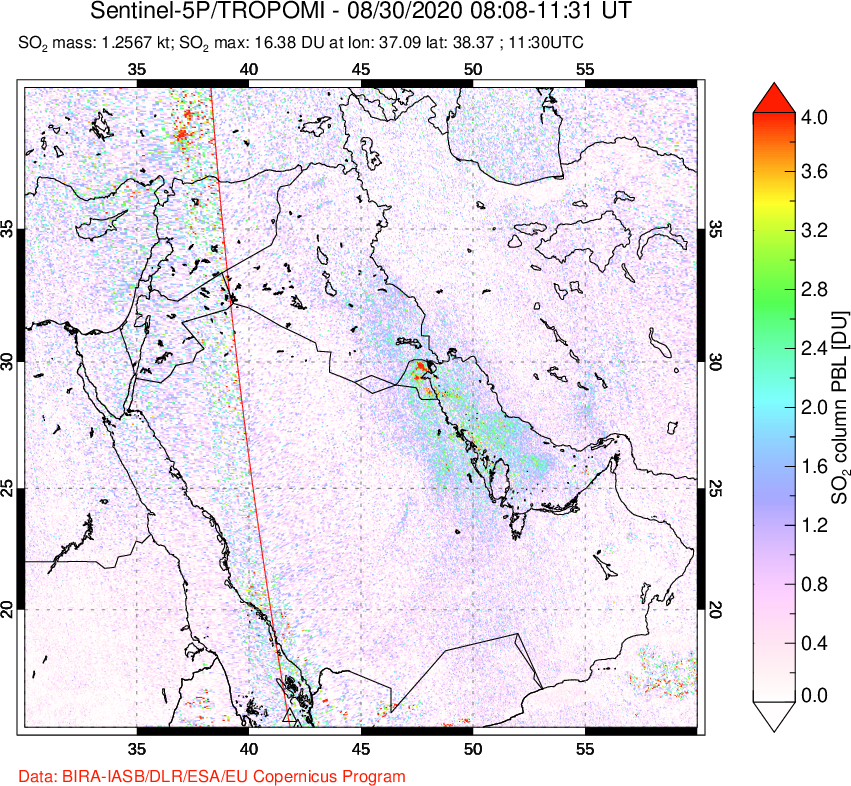 A sulfur dioxide image over Middle East on Aug 30, 2020.