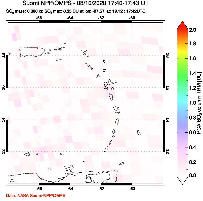 A sulfur dioxide image over Montserrat, West Indies on Aug 10, 2020.
