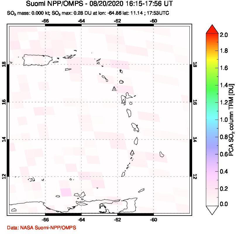 A sulfur dioxide image over Montserrat, West Indies on Aug 20, 2020.