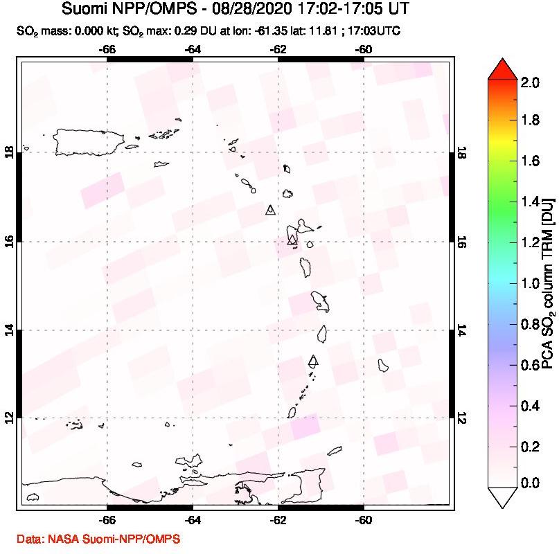 A sulfur dioxide image over Montserrat, West Indies on Aug 28, 2020.