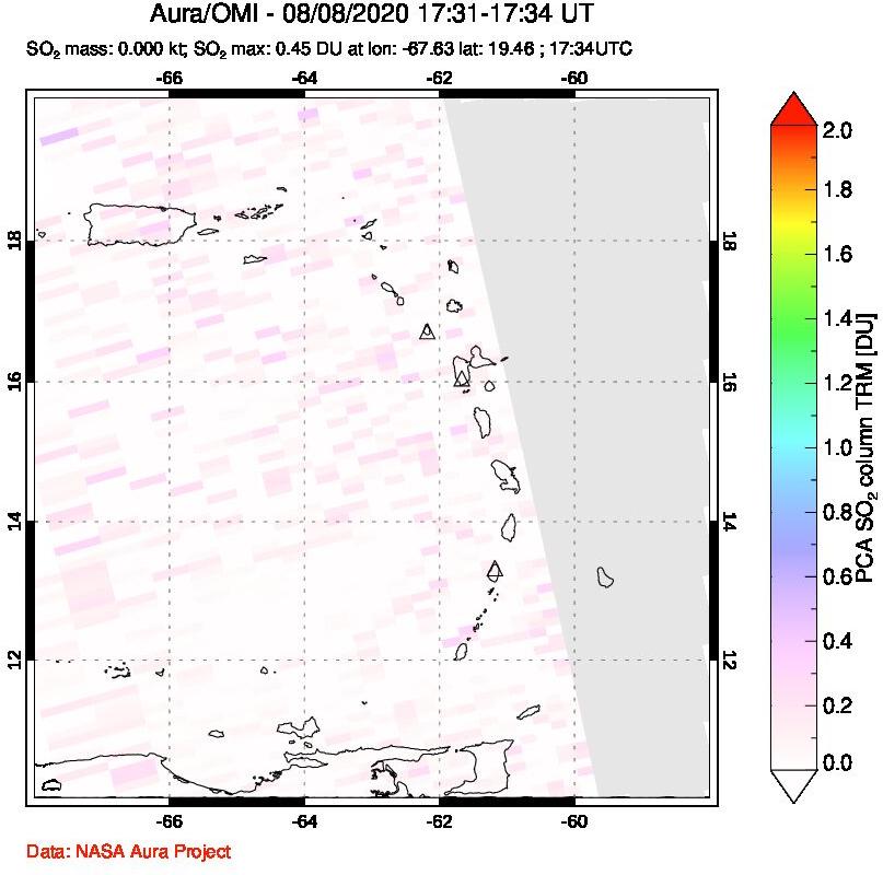 A sulfur dioxide image over Montserrat, West Indies on Aug 08, 2020.