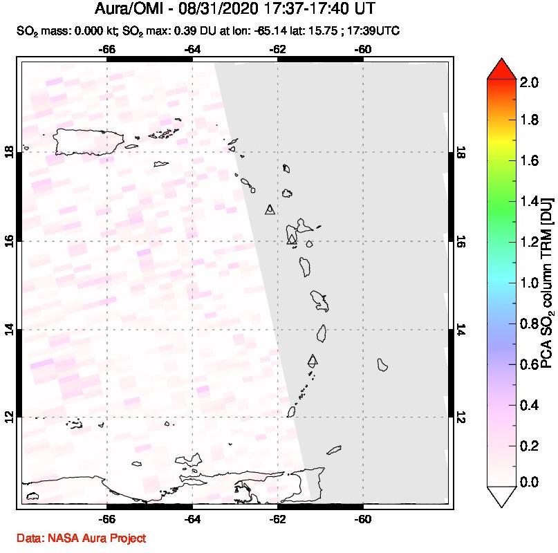 A sulfur dioxide image over Montserrat, West Indies on Aug 31, 2020.