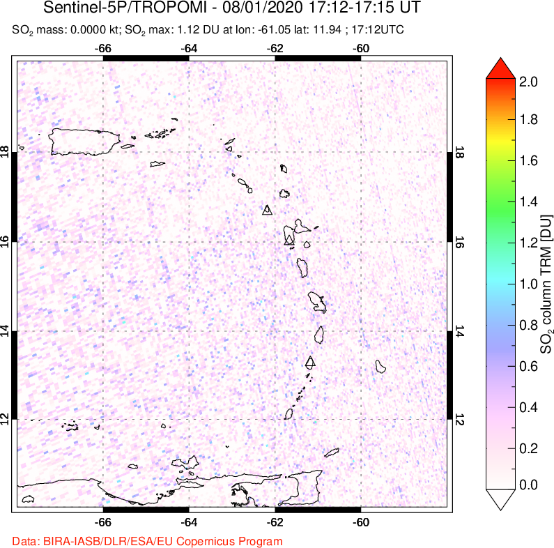 A sulfur dioxide image over Montserrat, West Indies on Aug 01, 2020.