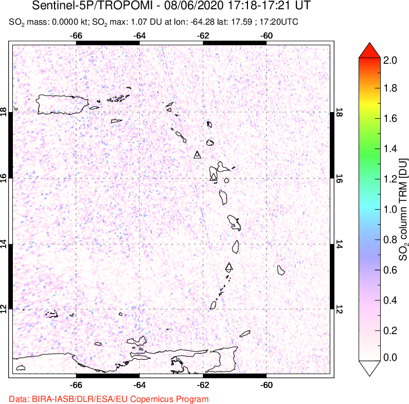 A sulfur dioxide image over Montserrat, West Indies on Aug 06, 2020.