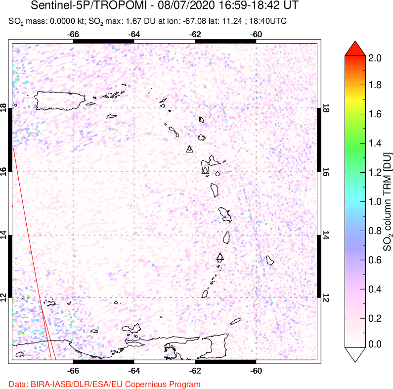 A sulfur dioxide image over Montserrat, West Indies on Aug 07, 2020.