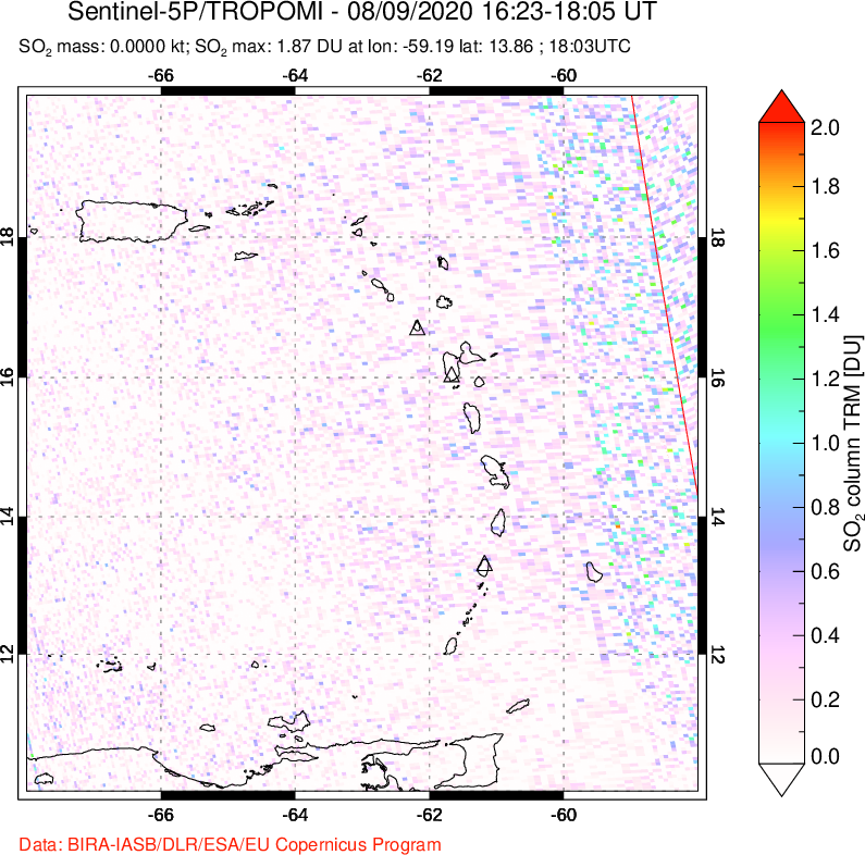 A sulfur dioxide image over Montserrat, West Indies on Aug 09, 2020.