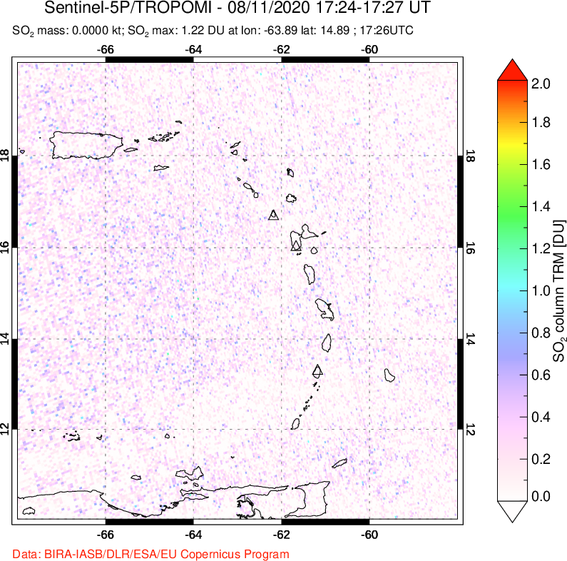A sulfur dioxide image over Montserrat, West Indies on Aug 11, 2020.