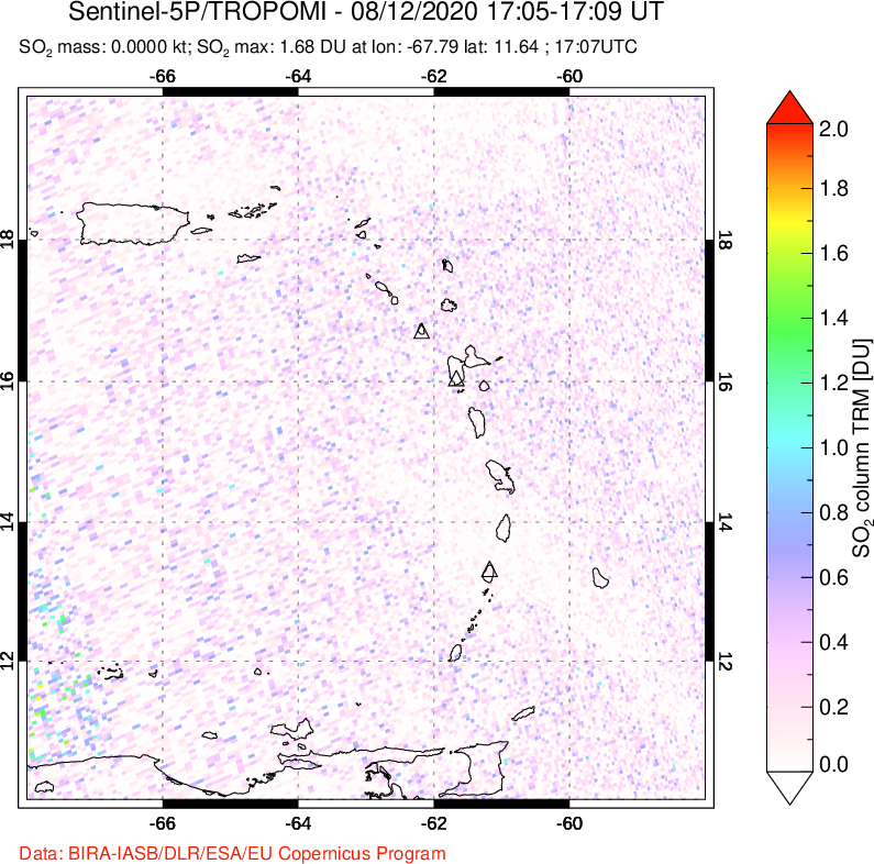 A sulfur dioxide image over Montserrat, West Indies on Aug 12, 2020.