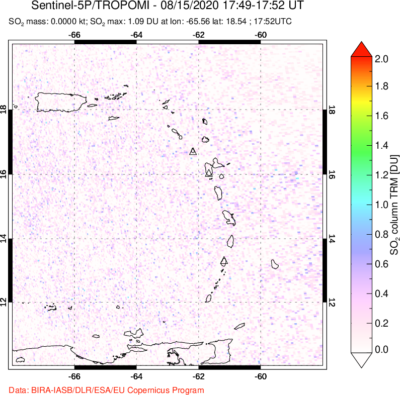 A sulfur dioxide image over Montserrat, West Indies on Aug 15, 2020.