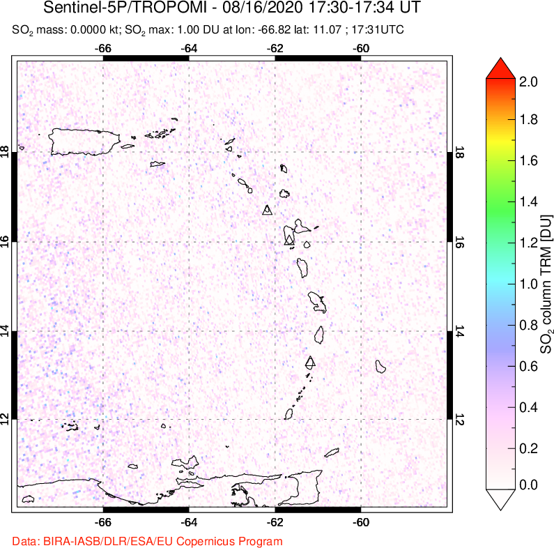 A sulfur dioxide image over Montserrat, West Indies on Aug 16, 2020.