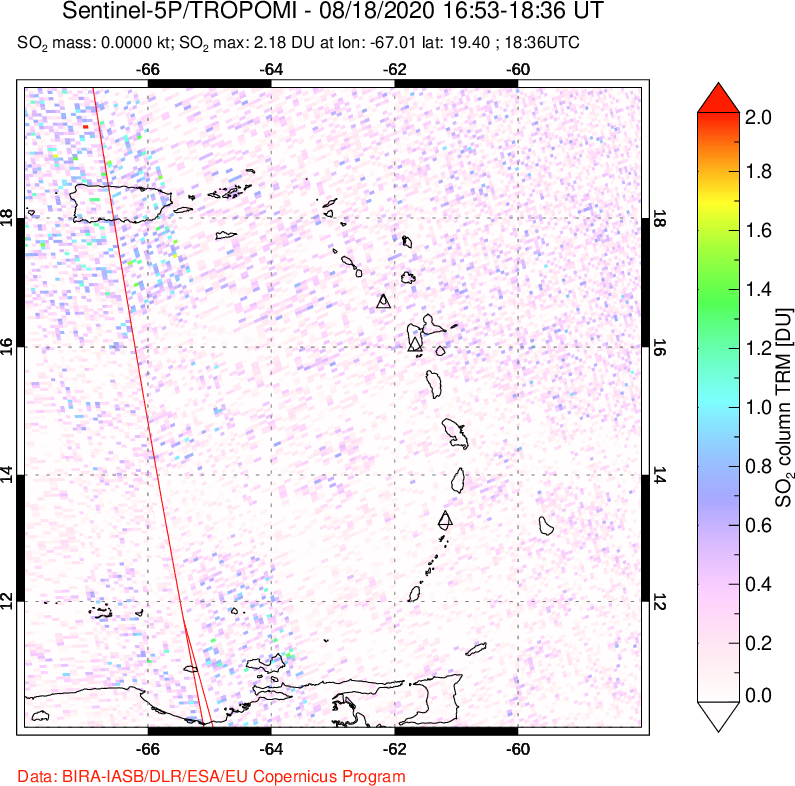 A sulfur dioxide image over Montserrat, West Indies on Aug 18, 2020.