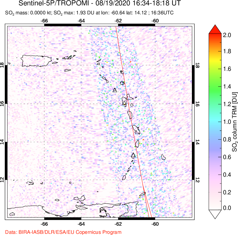 A sulfur dioxide image over Montserrat, West Indies on Aug 19, 2020.