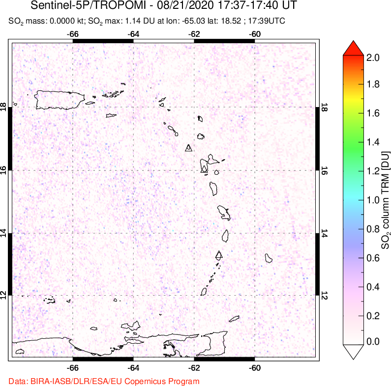 A sulfur dioxide image over Montserrat, West Indies on Aug 21, 2020.
