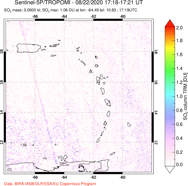 A sulfur dioxide image over Montserrat, West Indies on Aug 22, 2020.