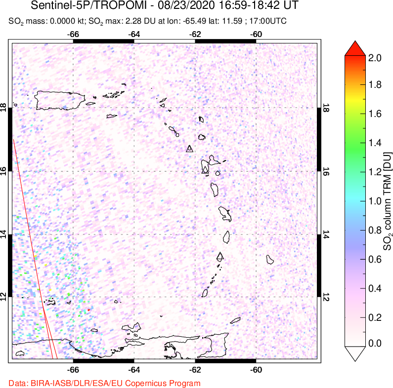 A sulfur dioxide image over Montserrat, West Indies on Aug 23, 2020.