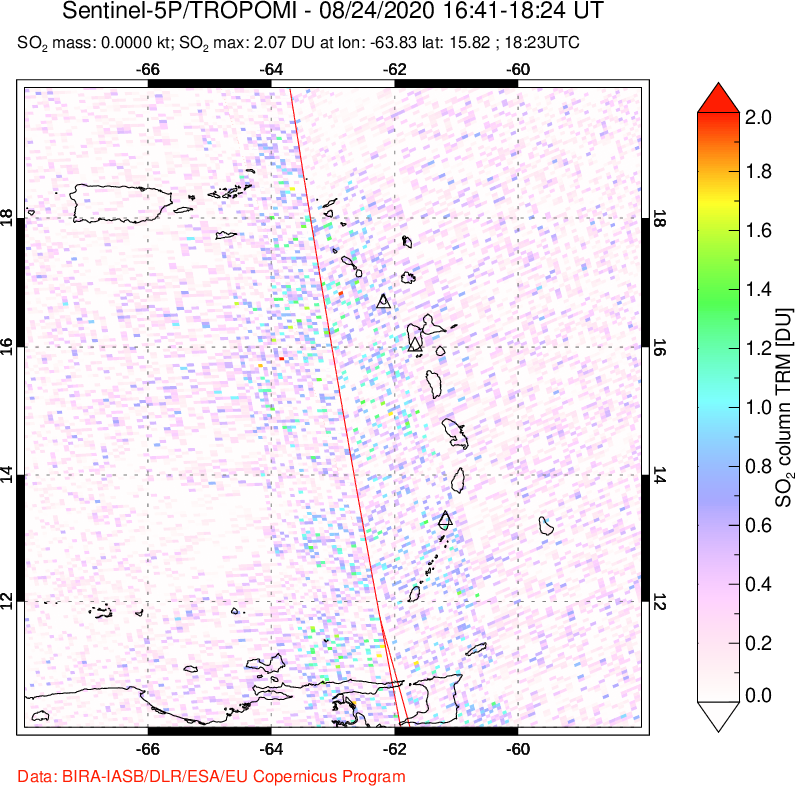A sulfur dioxide image over Montserrat, West Indies on Aug 24, 2020.