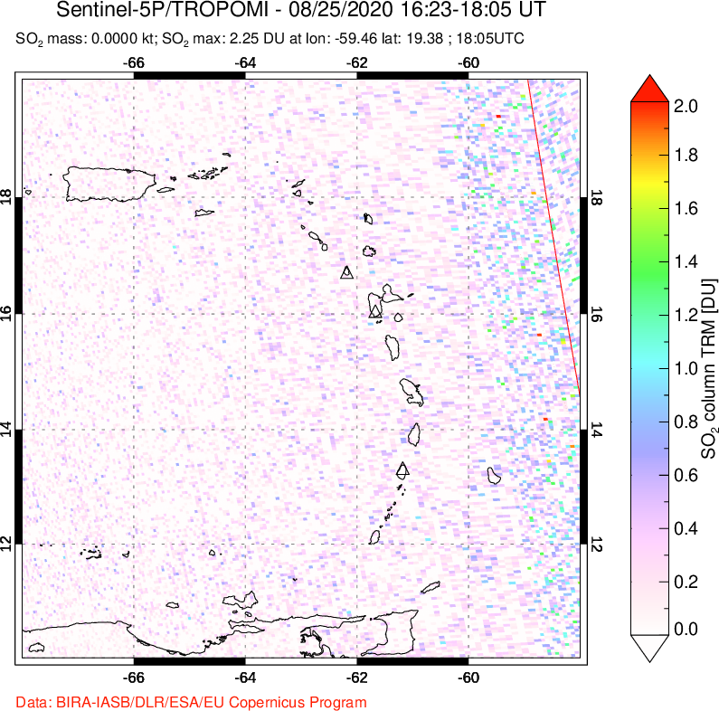 A sulfur dioxide image over Montserrat, West Indies on Aug 25, 2020.