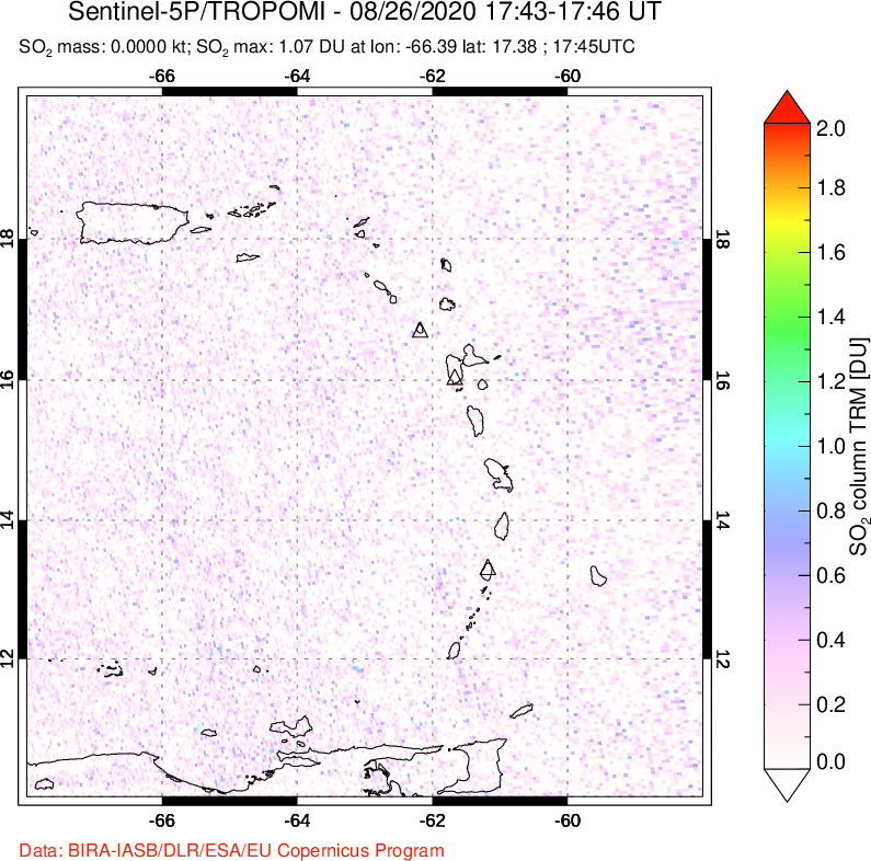 A sulfur dioxide image over Montserrat, West Indies on Aug 26, 2020.
