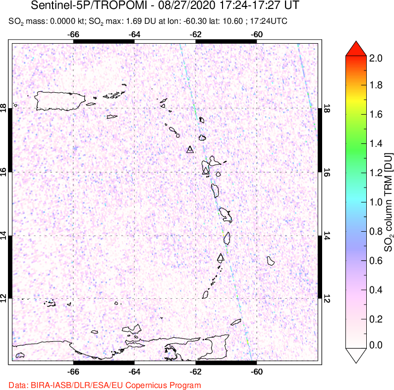 A sulfur dioxide image over Montserrat, West Indies on Aug 27, 2020.