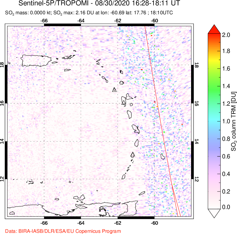 A sulfur dioxide image over Montserrat, West Indies on Aug 30, 2020.