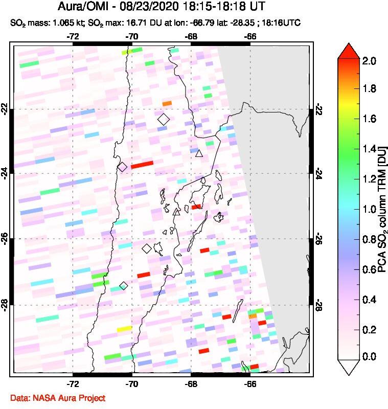 A sulfur dioxide image over Northern Chile on Aug 23, 2020.